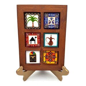 Wall decor miniature ceramic tiles framed , Set of 6 pcs hand painted tiles , in